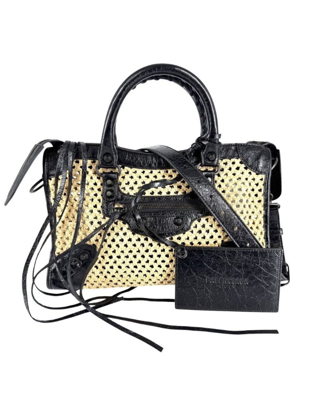 Balenciaga 2-Way Le City Small Shoulder Bag Crossbody Raffia Leather Beige